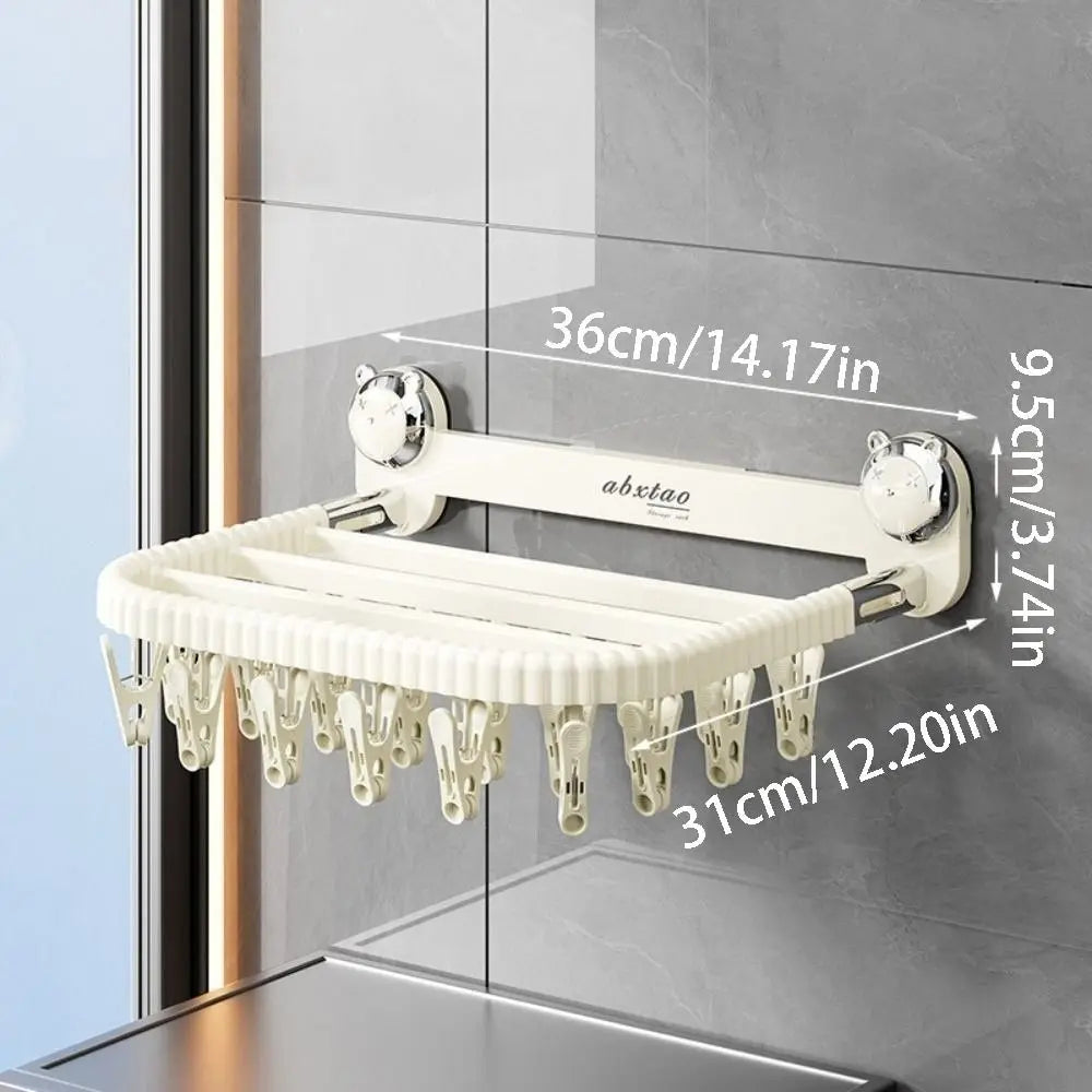 Rotating Suction Cup Folding Drying Rack with 27 Windproof Clips – Wall-Mounted Clothes Hanger for Socks, Towels, Balcony Use
