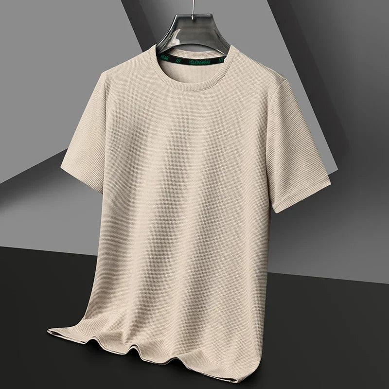 Men’s Summer Casual Waffle O-Neck Short Sleeve T-Shirt – Breathable Solid Color Fashion Tee