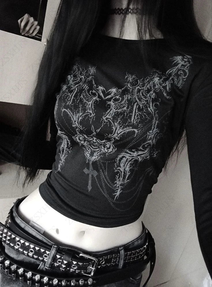 Women's Gothic Punk Long Sleeve Crop Top – Y2K Grunge Streetwear Tee 