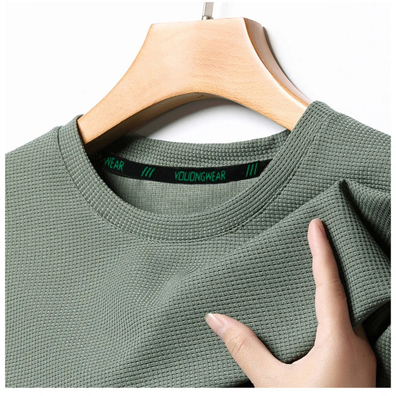 Men’s Summer Casual Waffle O-Neck Short Sleeve T-Shirt – Breathable Solid Color Fashion Tee