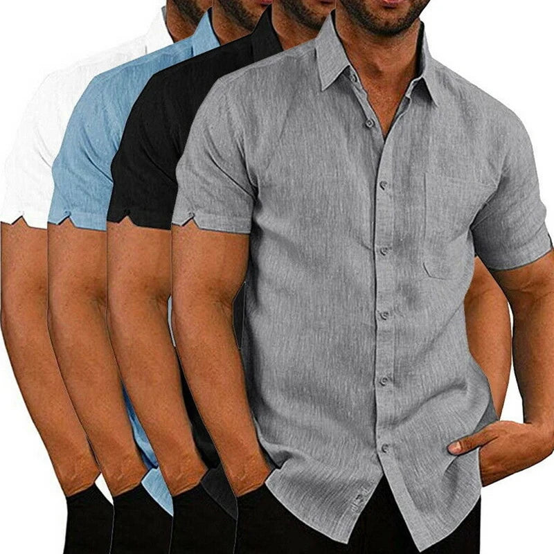 Men’s Summer Cotton Linen Short Sleeve Shirt – Casual & Formal Business Blouse, Lightweight Breathable Top