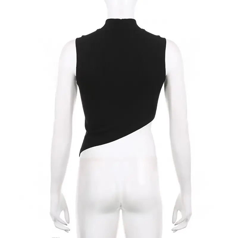 Y2K Style Women's Sleeveless Knit Crop Top – Stretchy Fitted Sweater Vest with High Neck and Asymmetrical Hem, 90s E-Girl Summer Fashion 