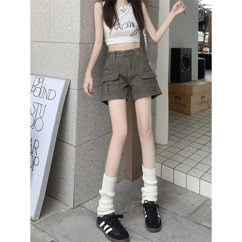 Women's Retro Mid-Waist Cargo Shorts – Casual Summer Streetwear with Pockets