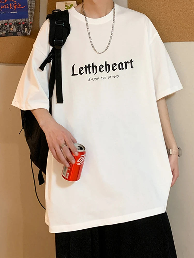 Men's Oversized Streetwear T-Shirt – Harajuku Style Graphic Tee with Gothic Letter Print – Vintage Hip Hop Punk Look for Summer – Casual Loose Fit in Blue 