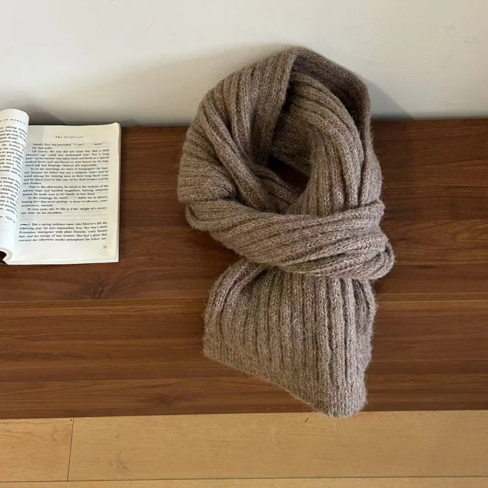High-End Korean Style Thick Knit Scarf for Women – Warm Woolen Solid Color Winter & Autumn Wrap