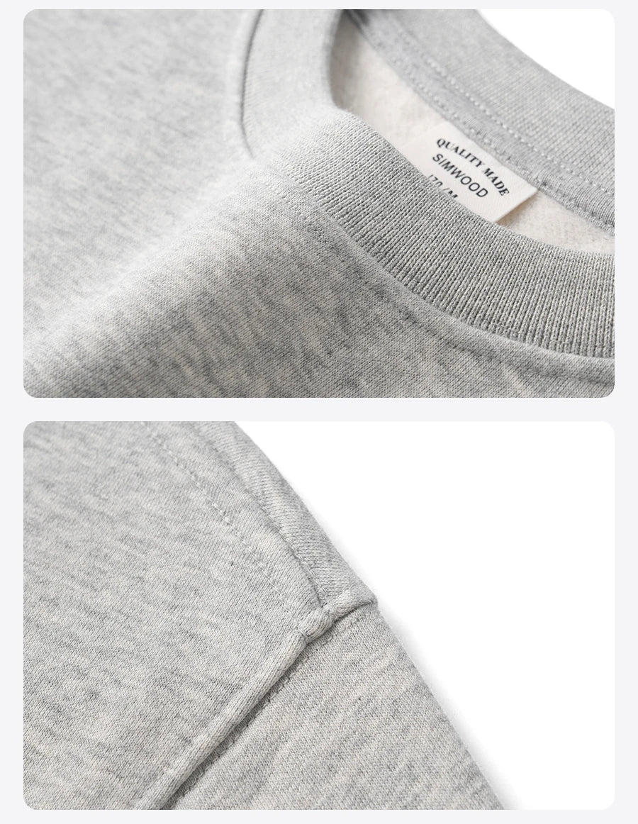 SIMWOOD 2025 Oversized 340gsm Brushed Fleece Sweatshirt – Embroidered Heavy-weight Pullover for Men