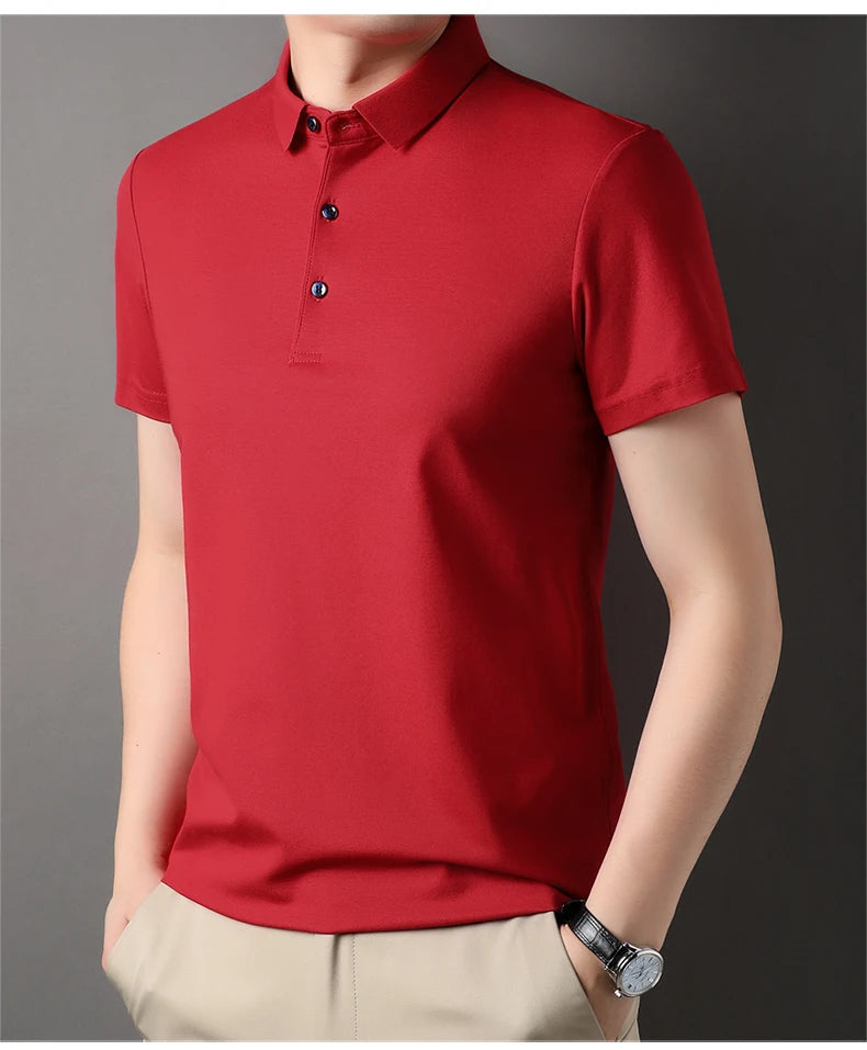 Luxury Summer Men’s Polo Shirt – Premium Plain Design with 4.7% Mulberry Silk, Short Sleeve, Lightweight Casual Fashion Top
