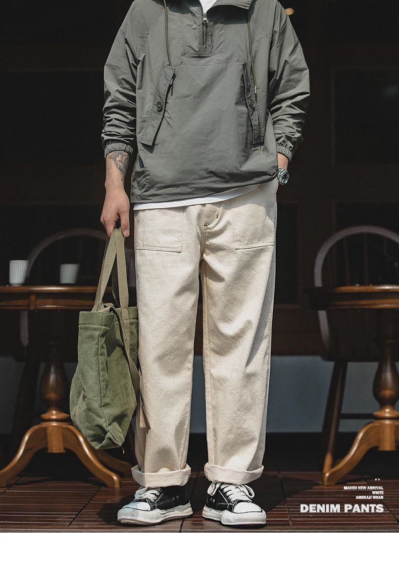 Maden Vintage Style 11.2oz White Cottonseed Hull Loose Straight-Leg Jeans for Men – Casual Spring & Autumn Chino-Inspired Cargo Trousers 