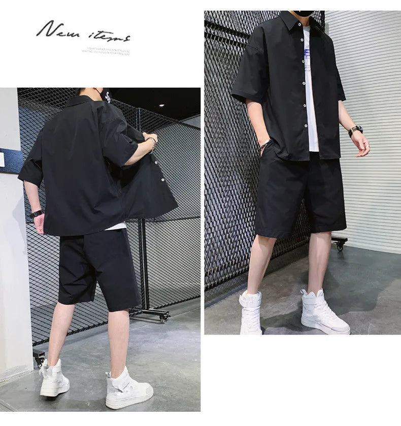 2025 Trendy Korean-Style Men's Summer Outfit – Casual Two-Piece Set Featuring Short Sleeve Shirt & Matching Shorts, Stylish High Street Look for Daily & Streetwear Fashion