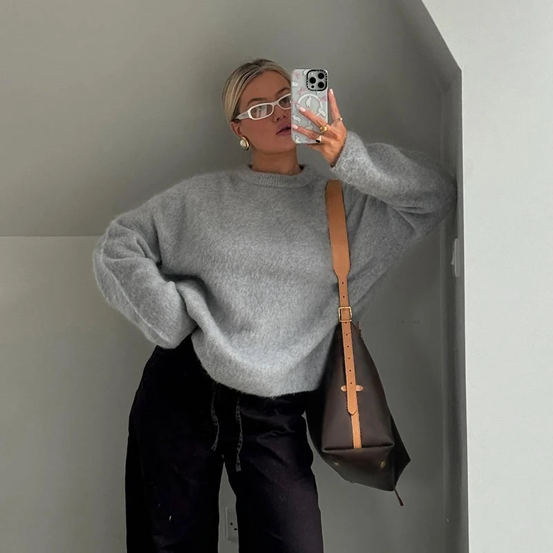 Women's Cozy Mohair Striped Knit Sweater – Warm O-Neck Pullover with Full Sleeves, Autumn 2025 Fashion