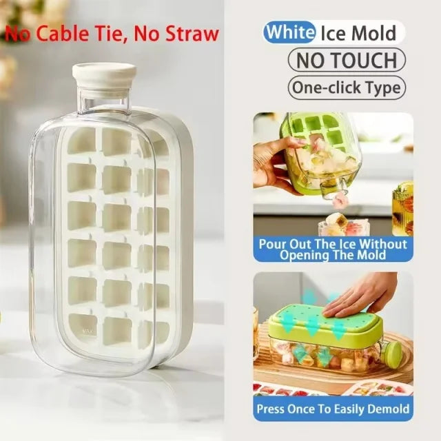 No-Spill Ice Cube Tray with Lid – Touch-Free Silicone Ice Mold for Freezer with Straw & Cable Tie