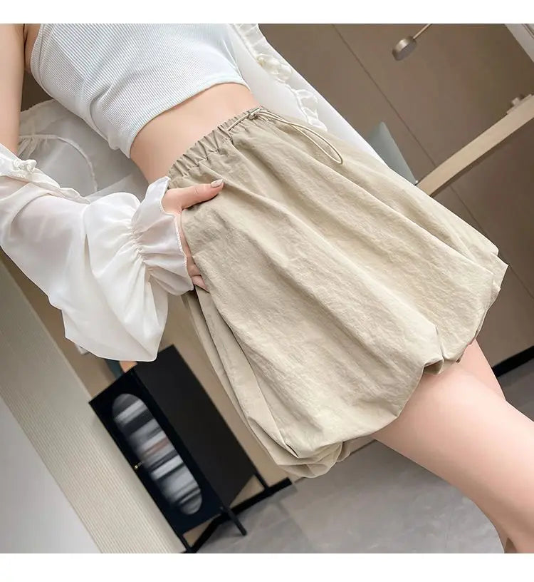 Women's High-Waist Lantern Shorts – Casual Summer Streetwear with Pockets, Relaxed Fit for Students, Youth, and Everyday Wear