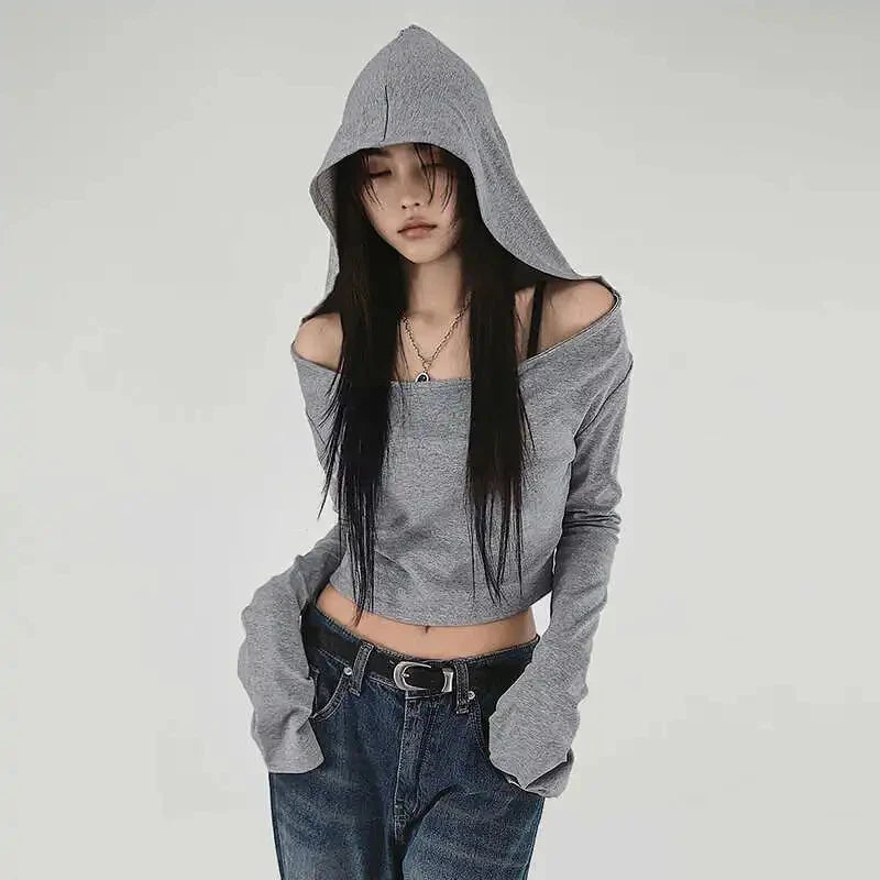 Y2K Aesthetic Women's Hooded Crop Top – Casual Streetwear Slim Fit Off-Shoulder Long Sleeve Tee with Grunge Style