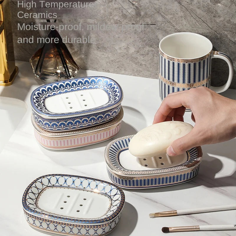 Luxury Ceramic Soap Dish with Irregular Stripes and Perforated Drainage – Household Bathroom Accessory with Washstand Gargle Cup