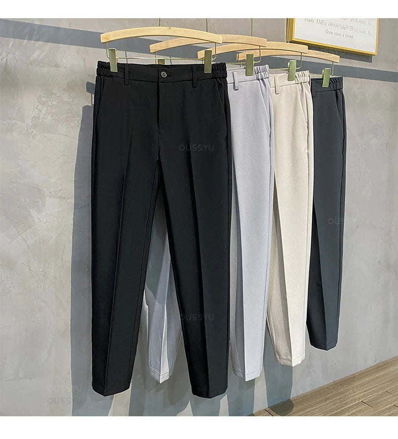 2025 Spring-Summer Men's Slim Fit Casual Business Jogger Pants with Elastic Waist, Available in Plus Sizes 40 and 42, Black