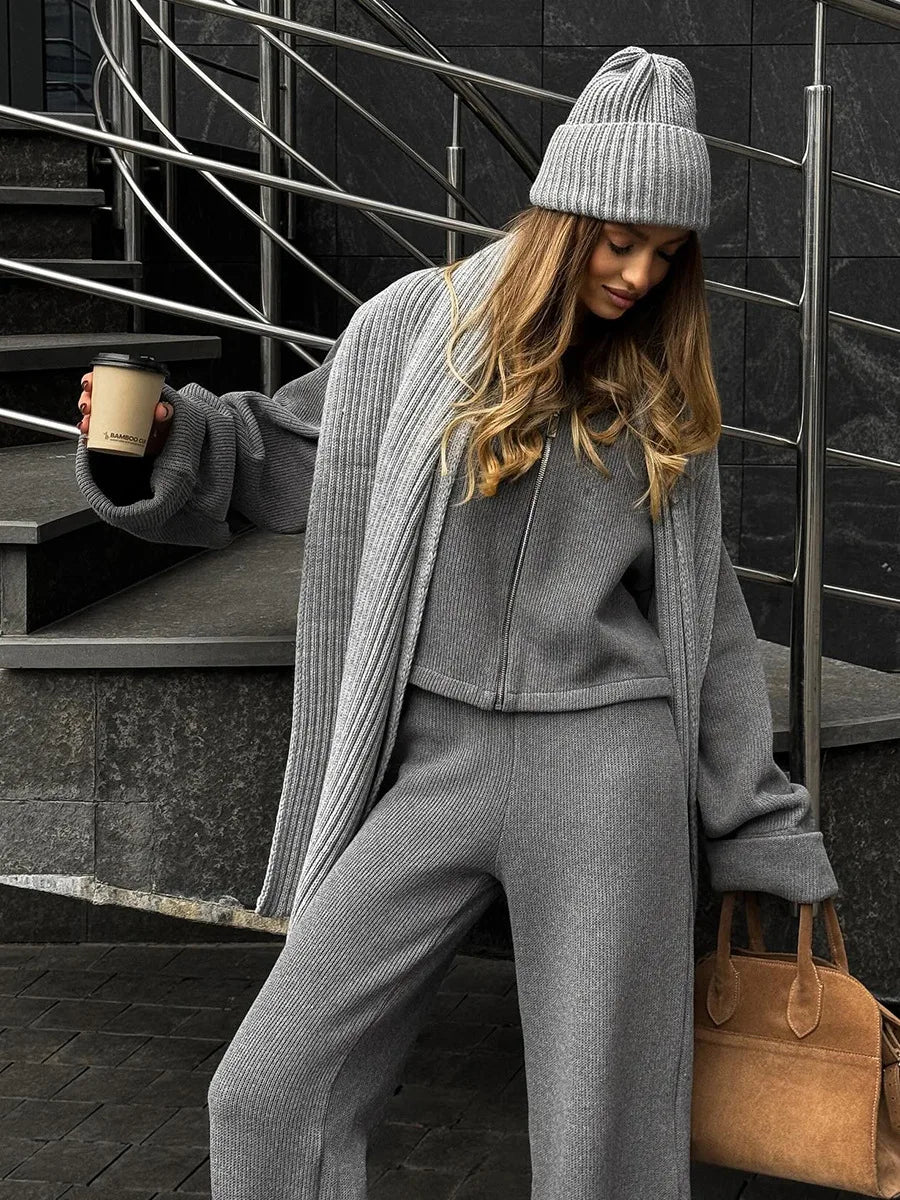Tornova Women's Elegant Knit Two-Piece Set – Zipper Jacket & Wide-Leg Pants Casual Outfit