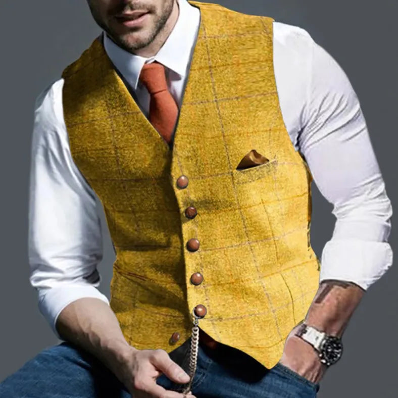 Men's Slim-Fit Plaid Suit Vest – Single-Breasted Casual Waistcoat for Spring & Autumn | European & American Commuter Style