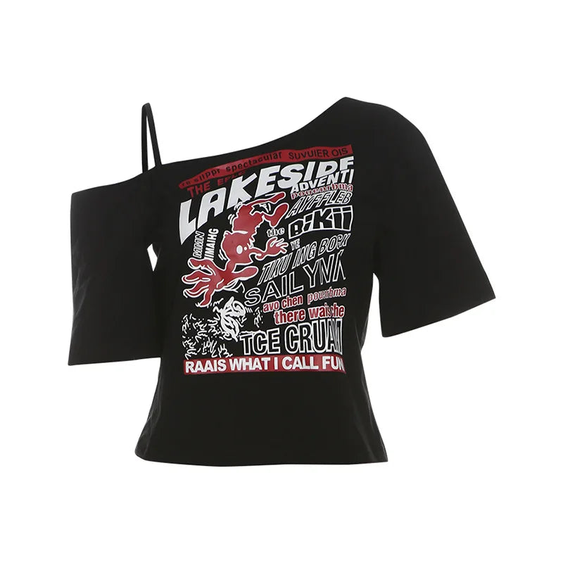 Y2K Off-Shoulder Gothic Crop Tee – Women’s Punk-Inspired Letter Print T-Shirt, Harajuku Aesthetic Grunge Streetwear, Slim Fit Summer Top