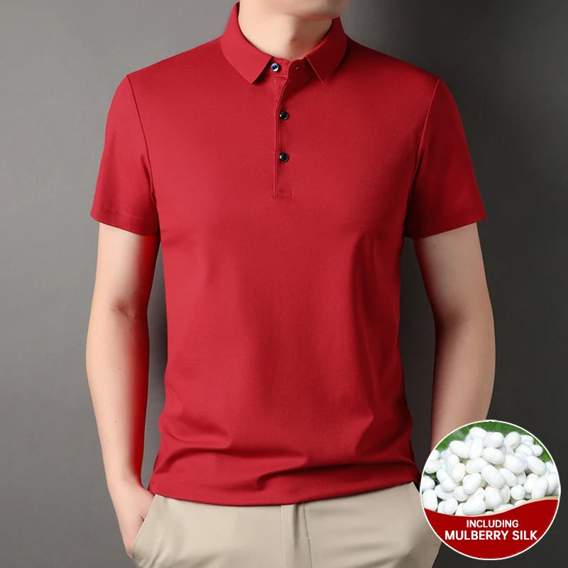 Premium Men's Polo Shirt – Luxury Summer Short Sleeve Casual Top Made with 4.7% Mulberry Silk – Plain Design, Elegant and Stylish 