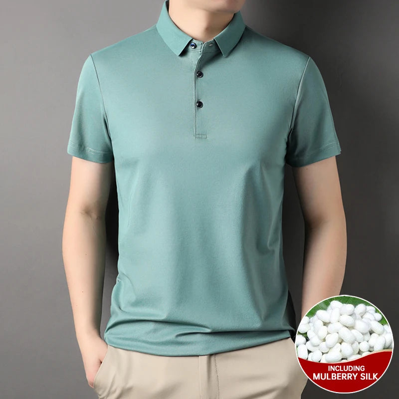 Premium Men's Polo Shirt – Luxury Summer Short Sleeve Casual Top Made with 4.7% Mulberry Silk – Plain Design, Elegant and Stylish 