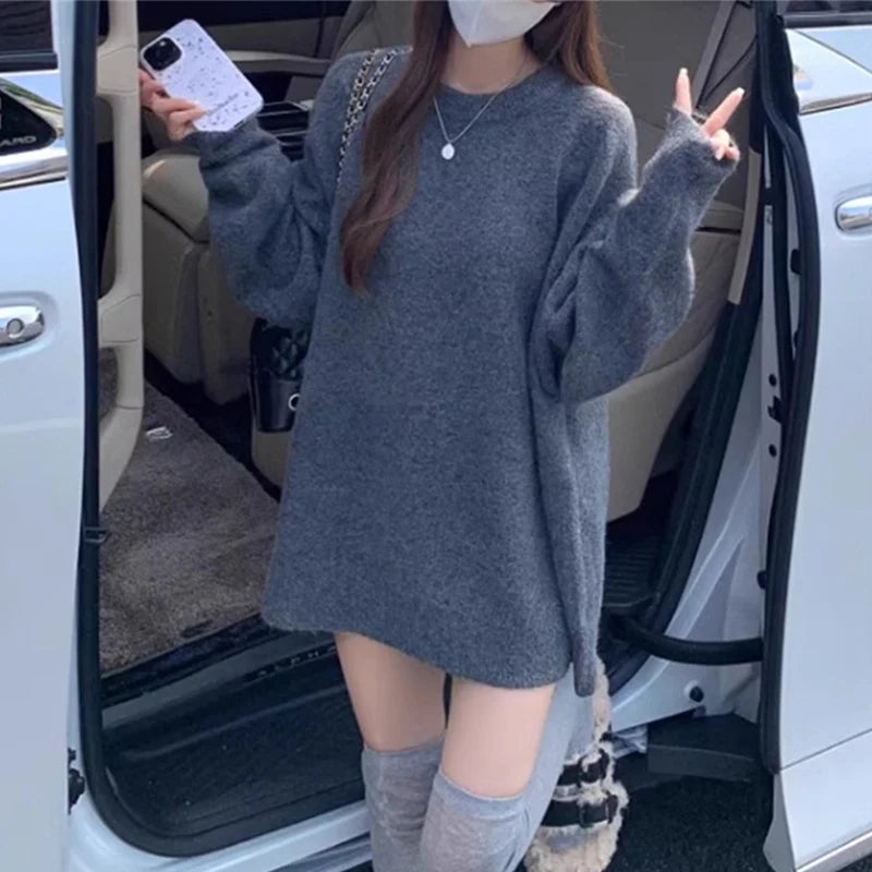 Korean Style Mid-Length Loose Knit Sweater for Women – Casual Solid O-Neck Pullover for Autumn/Winter Streetwear