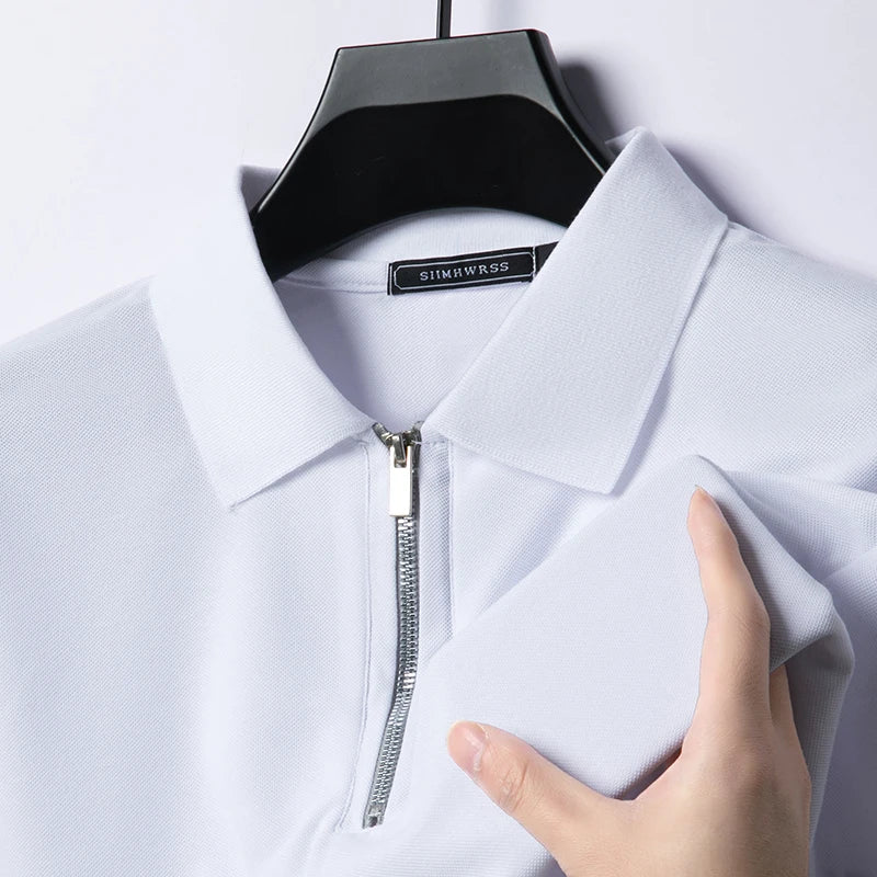 2025 Summer Men’s Slim Fit Polo Shirt with Flip Collar and Breathable Half-Zip Short Sleeves – Solid Color Comfortable Casual Tee