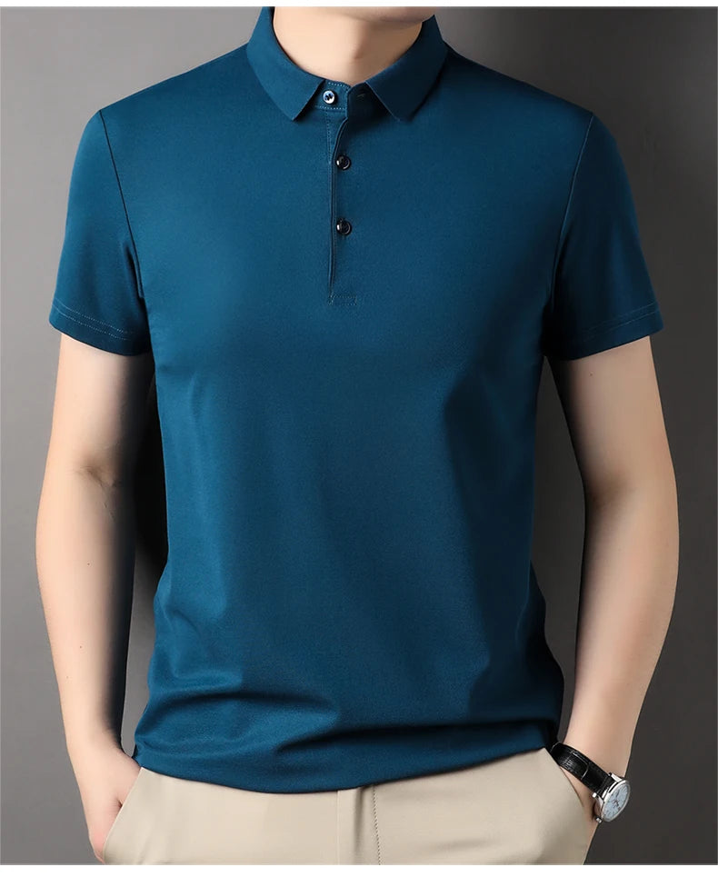 Luxury Summer Men’s Polo Shirt – Premium Plain Design with 4.7% Mulberry Silk, Short Sleeve, Lightweight Casual Fashion Top