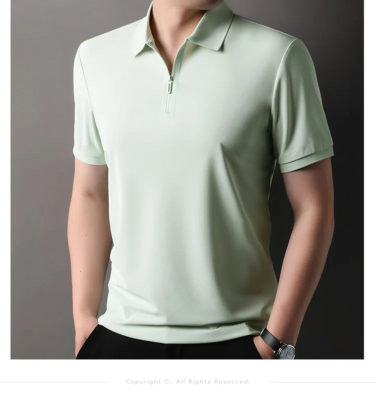 Men’s Slim Fit Half-Zip Polo Shirt – Light Beige Stretch Cotton Casual Top with Classic Collar