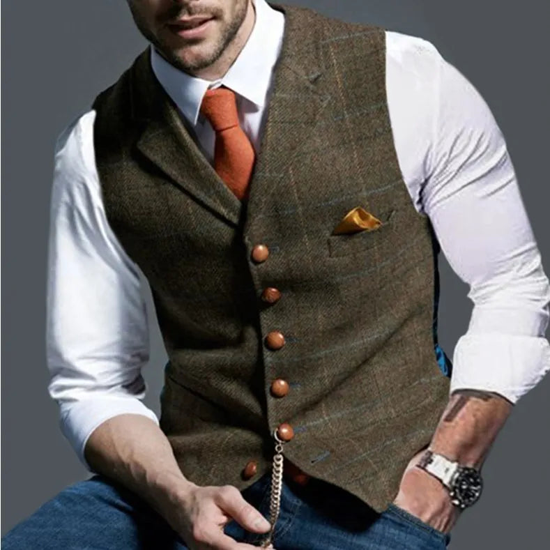 Men's Slim-Fit Plaid Suit Vest – Single-Breasted Casual Waistcoat for Spring & Autumn | European & American Commuter Style