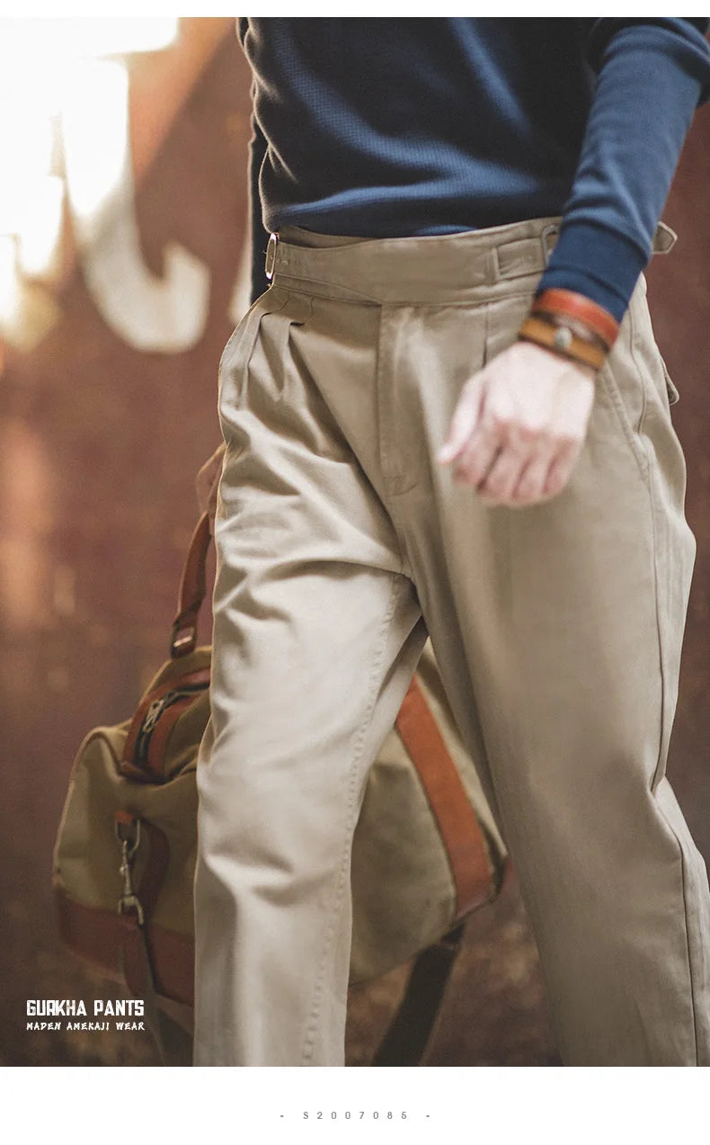 Classic Vintage Khaki Gurkha Pants for Men – Adjustable High Waist Casual Cargo Trousers for Spring and Fall