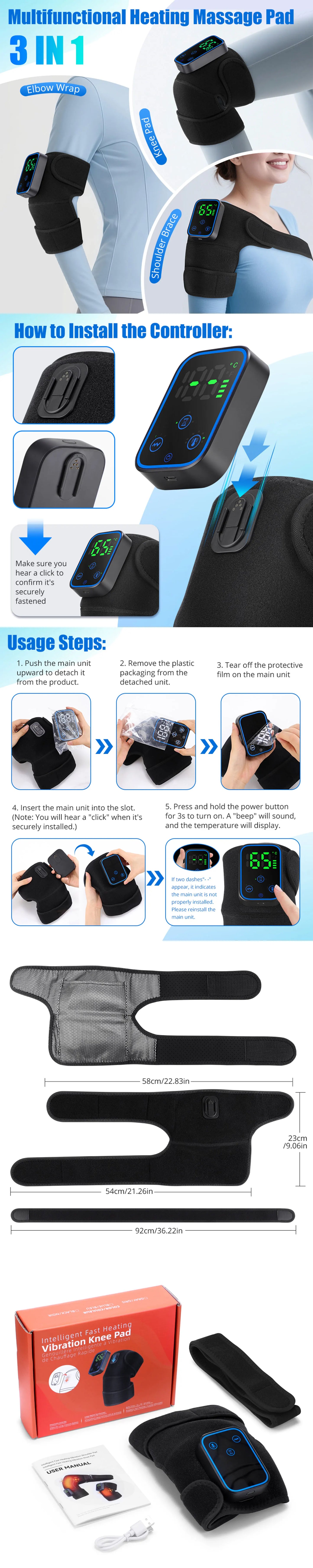 3-in-1 Electric Heated Knee Massager Pad with Vibration – Hot Compress for Shoulder, Elbow & Joint Muscle Relief