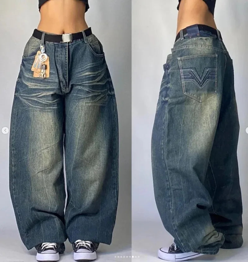 2024 Retro Y2K High-Waisted Straight-Leg Baggy Jeans for Women – Harajuku Street Style Washed Denim with Pockets