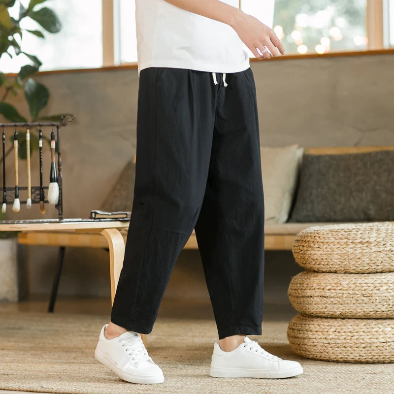 Men's Casual Cotton-Linen Pants – Breathable Loose-Fit Straight-Leg Drawstring Trousers in Solid Colors, Stylish Summer Streetwear