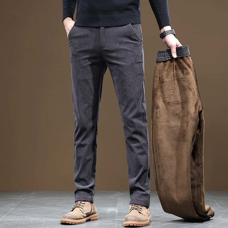 2024 New Men’s Winter Fleece-Lined Corduroy Pants – Slim Fit, Stretchy, Thickened Casual & Business Trousers in Gray & Khaki