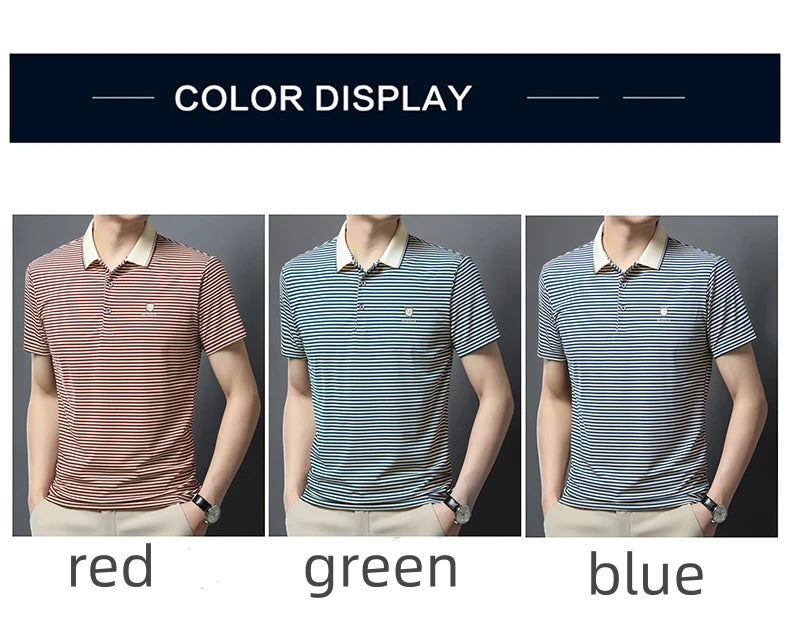 Premium Cotton Men's Summer Polo Shirt – 2024 Soft Short Sleeve Tee with Stripe Accents & Brand Badge Design