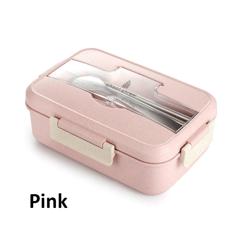 Microwaveable Bento Lunch Box with Spoon & Chopsticks – Wheat Straw Food Container for Kids, School & Office