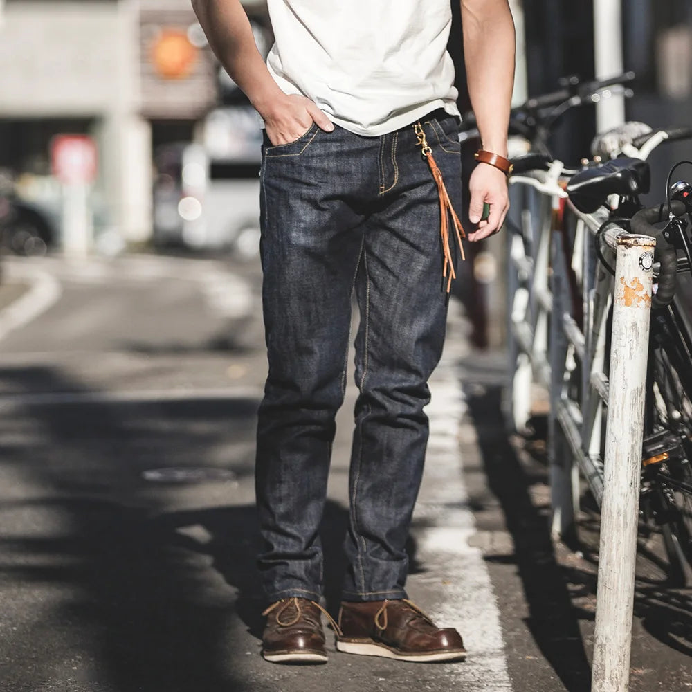 Maden 14oz Men's Vintage Selvedge Denim Jeans – Straight Fit with Horsehide Patch & Paris Buckle, Autumn/Winter Style