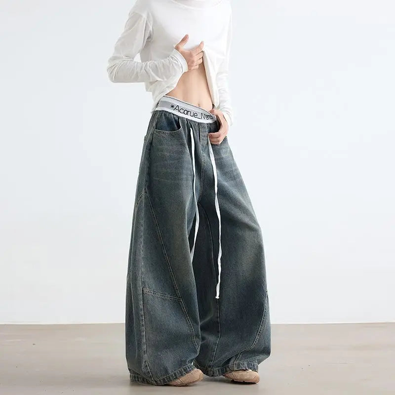 New American Style Men’s Stretch Wide-Leg Cowboy Jeans – Retro Washed Loose Fit Denim for Autumn & Winter 