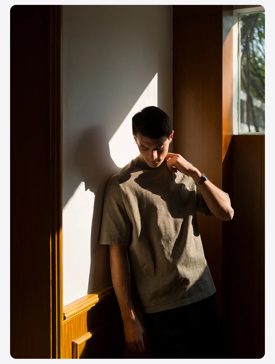SIMWOOD 2025 Summer Oversized Heavyweight 300gsm Slub Cotton T-Shirt for Men with Letter Embroidery