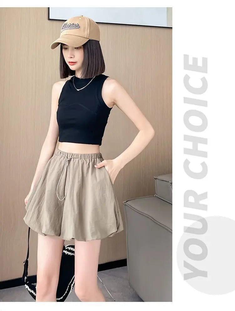 Women's High-Waist Lantern Shorts – Casual Summer Streetwear with Pockets, Relaxed Fit for Students, Youth, and Everyday Wear