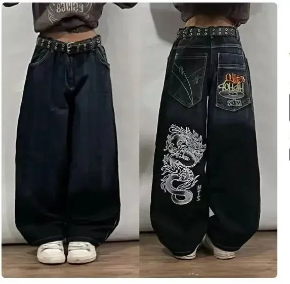 2024 Retro Y2K High-Waisted Straight-Leg Baggy Jeans for Women – Harajuku Street Style Washed Denim with Pockets