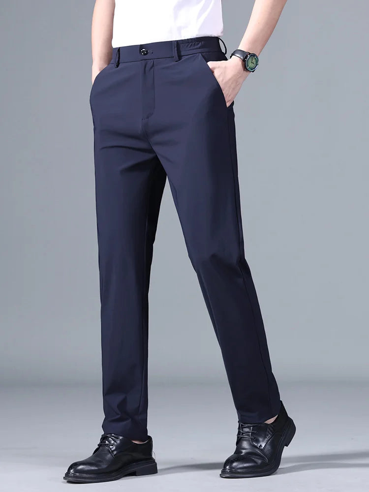 Men's Summer Classic Stretch Suit Trousers – Lightweight Business Casual Pants with Elastic Waist in Black, Gray, or Blue