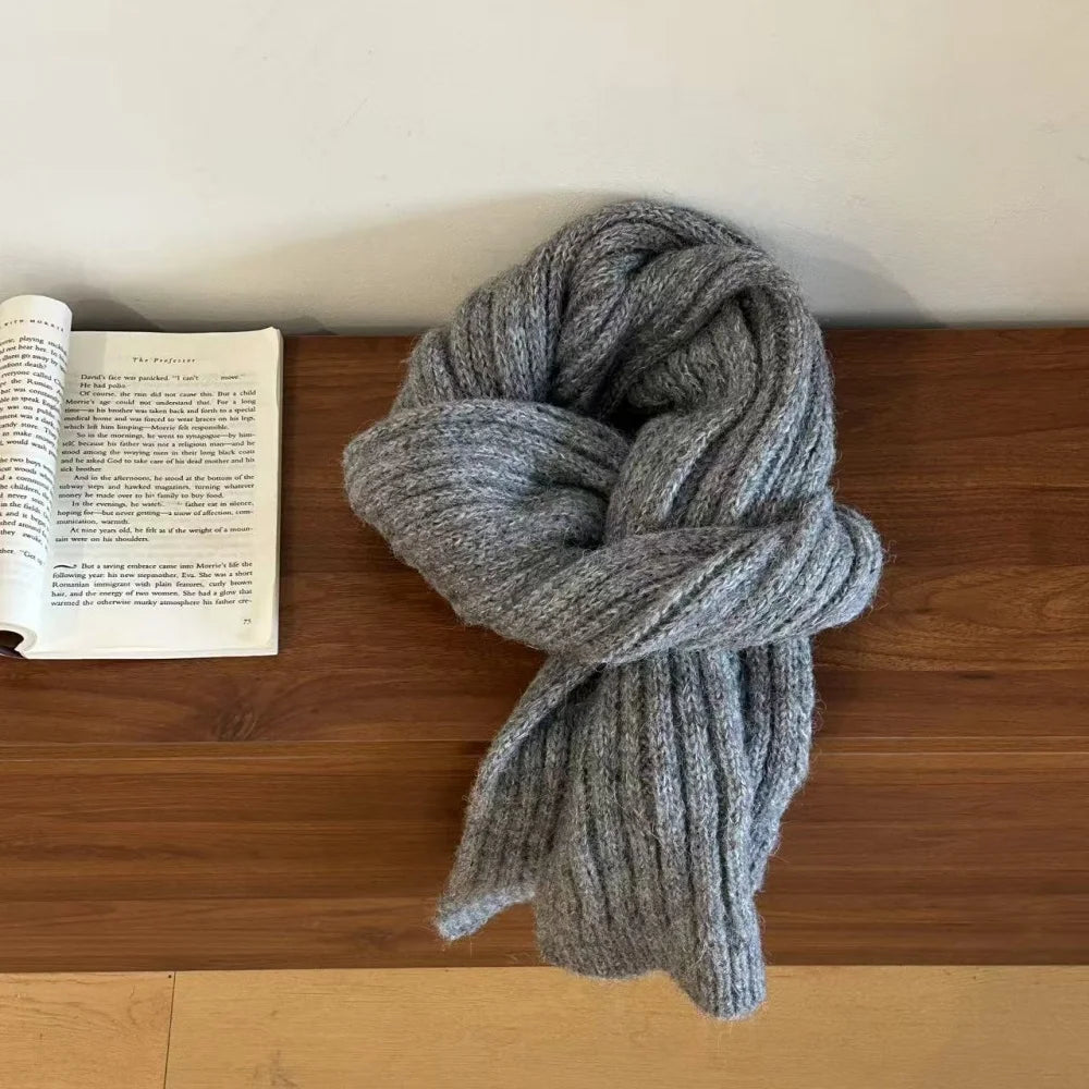High-End Korean Style Thick Knit Scarf for Women – Warm Woolen Solid Color Winter & Autumn Wrap