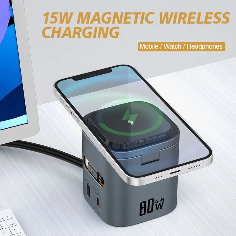 80W 6-in-1 GaN Fast Charger with Wireless Magnetic Adapter – Universal Multifunction Laptop Charging Hub (100-240V, 50/60Hz)