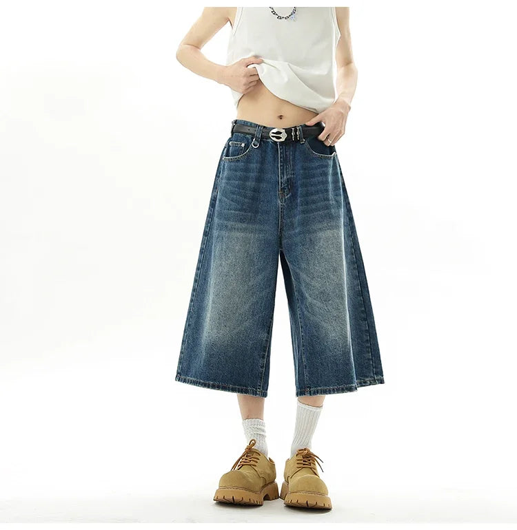 Men's Baggy Denim Shorts – Retro Y2K Casual Wide-Leg Calf-Length Jeans for Summer Streetwear