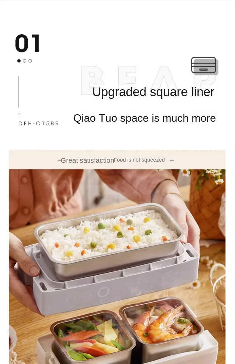 Portable Electric Lunch Box with Self-Heating, 220V Rice Cooker and Multi-Function Food Steamer