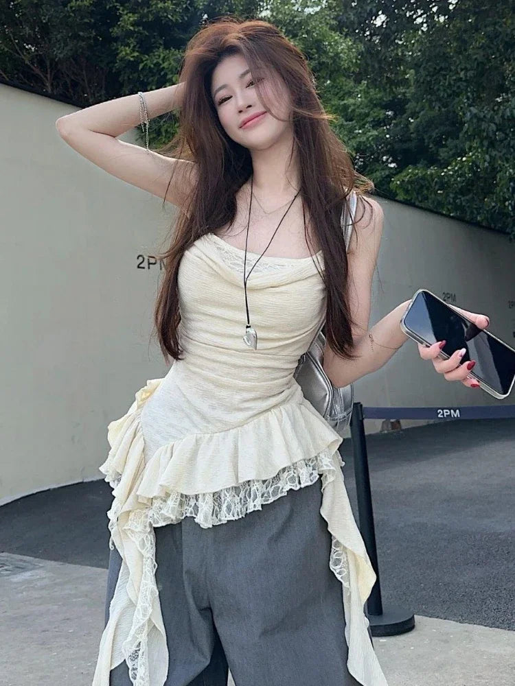 Y2K Aesthetic Lace Patchwork Ruffle Tank Top for Women – Harajuku Streetwear Irregular Pleated Bodycon Camisole