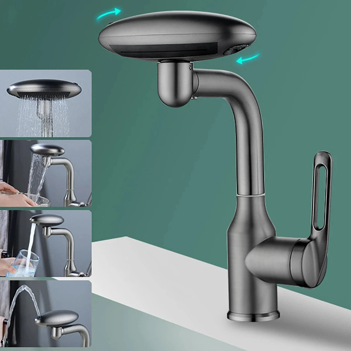 Multi-Functional Waterfall Basin Faucet with 4 Spray Modes, 360° Rotating Hot & Cold Sink Mixer Tap for Bathroom Use