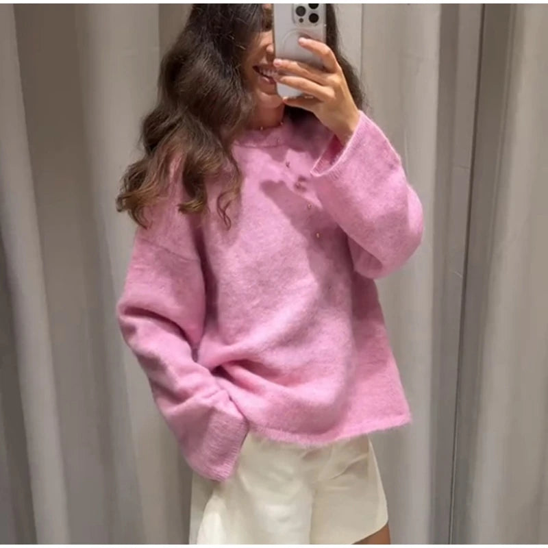 Women's Cozy Mohair Striped Knit Sweater – Warm O-Neck Pullover with Full Sleeves, Autumn 2025 Fashion