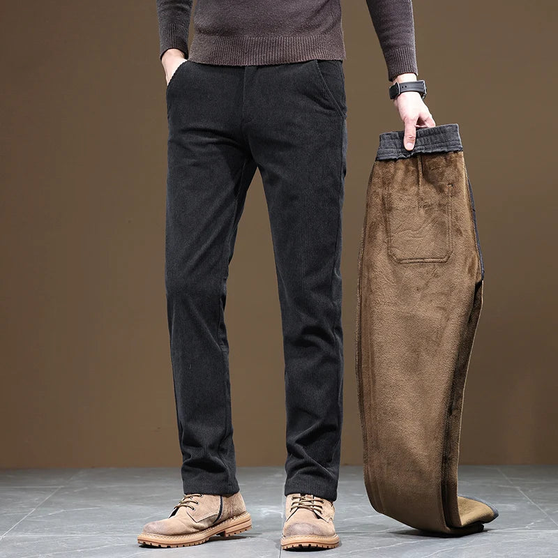 2024 New Men’s Winter Fleece-Lined Corduroy Pants – Slim Fit, Stretchy, Thickened Casual & Business Trousers in Gray & Khaki